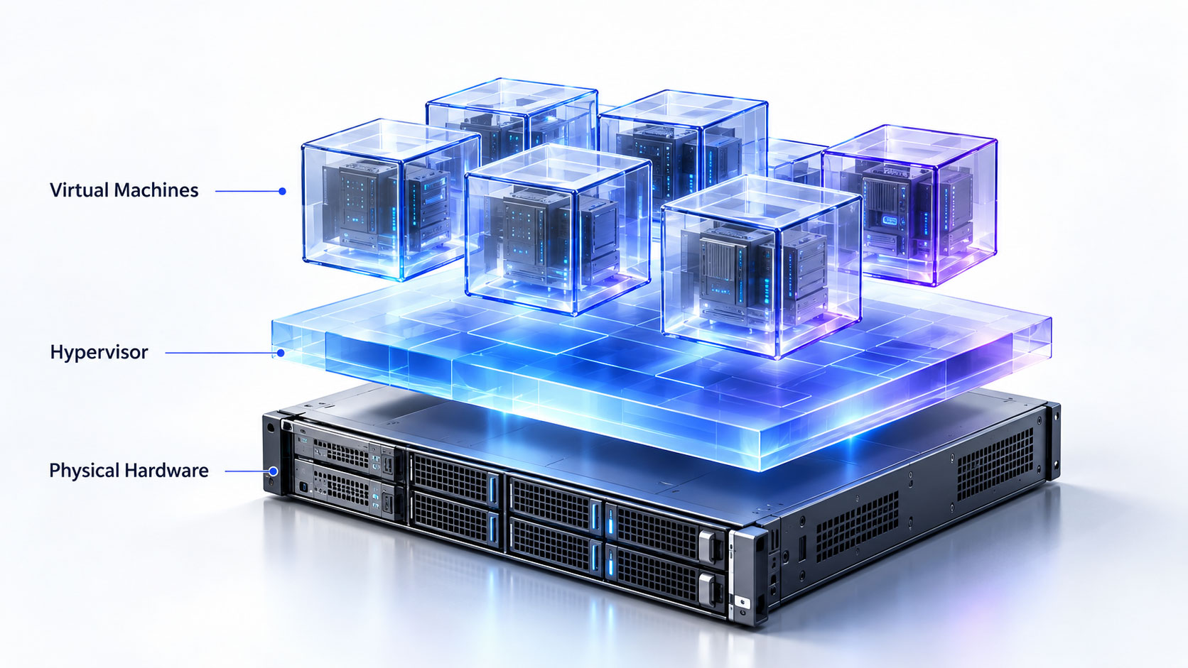 Virtualization diagram: physical server, hypervisor layer and virtual machines above it